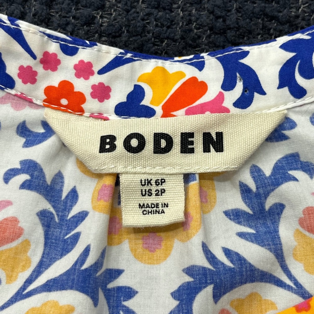 Boden Alba Blue Orange Floral Cotton Tiered Maxi Dress Belted Sz 2P Mosaic Bloom - Picture 3 of 9